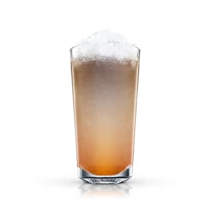 Rom Mocka served in a highball glass topped with crushed ice on white background