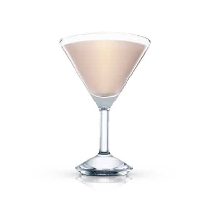 Rum Alexander served in a single-serving martini glass on white background.