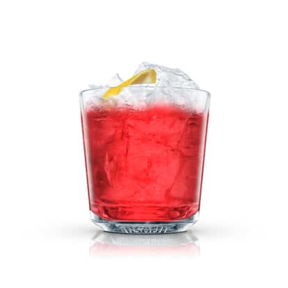 Russian Ruble served in an Absolut rocks glass with crushed ice and a lemon twist on white background