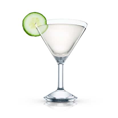 Sakini in a martini glass with a cucumber slice on white background