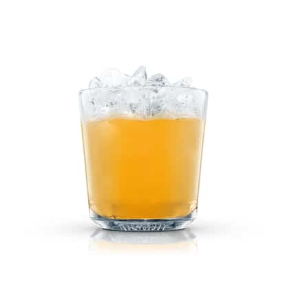 A golden cocktail served over crushed ice in an Absolut rocks glass on white background.