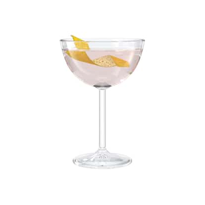 Savoy Hotel Special Cocktail No.1 in a coupe glass with lemon twist on white background