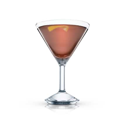 Savoy Tango served in a martini glass with lemon twist garnish on white background