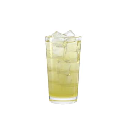 Pale green cocktail in a tall highball glass filled with large ice cubes on white background.