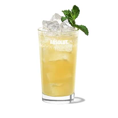 Shanghai Fizz in an Absolut highball glass with crushed ice and a mint sprig