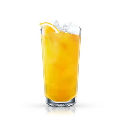 Sick Nature in a highball glass with ice and an orange wedge on white background