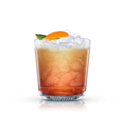 Sleepy Head in an Absolut rocks glass over crushed ice garnished with orange slice and mint leaf