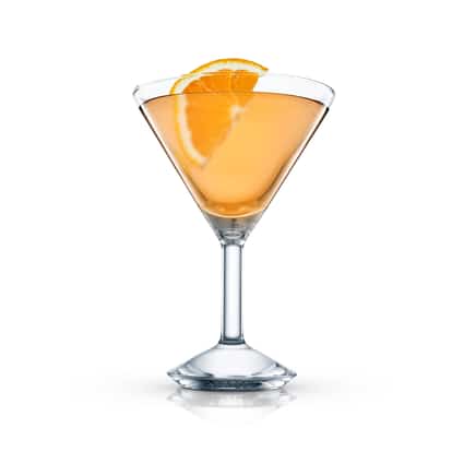Soul Kiss in a stemmed martini glass with an orange slice on white background