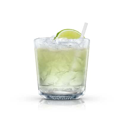 Sour Sun in an Absolut rocks glass with crushed ice, lime wedge and straw on white background