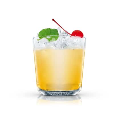 South Sea in an Absolut rocks glass with crushed ice, a mint leaf and a maraschino cherry