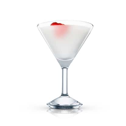 Southern Silk Route in an Absolut martini glass with a strawberry garnish on white background.