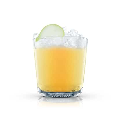 Spiced Absolut Pears in a rocks glass with crushed ice and a pear slice on white background