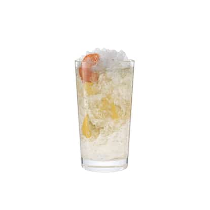 St. Clementine Crush served in a highball glass with crushed ice and a clementine wedge