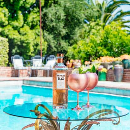 Stiff Upper Lip with an Absolut Elyx bottle and two balloon glasses with lime wheel and mint on a glass table by a pool