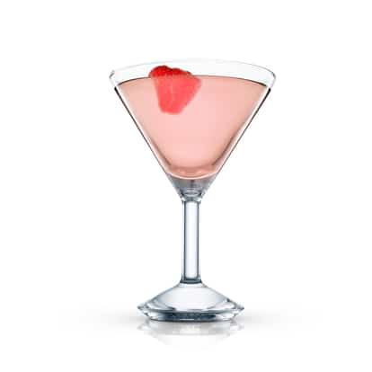 Strawberry Cocktail in a martini glass with a strawberry slice on white background