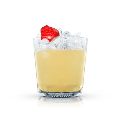Strawberry Delight in an Absolut rocks glass with crushed ice and a strawberry on white background