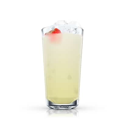 Strawberry Fizz in a highball glass with ice and a strawberry on white background
