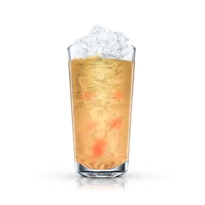 Strawberry Kick served in a highball glass with crushed ice and strawberry pieces on white background