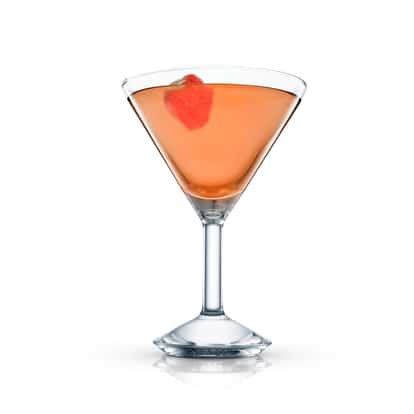 Strawberry Kiss in a martini glass with a strawberry garnish on white background
