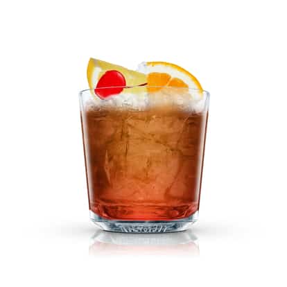 Dark red cocktail in an Absolut rocks glass with crushed ice, orange and lemon wedges and a cherry on white background