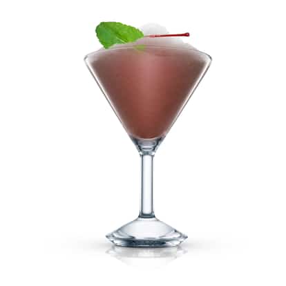 Summer Queen frozen in a martini glass topped with a mint leaf and cherry