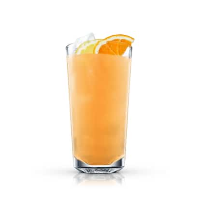 Summertime Soda in a highball glass with ice and lemon and orange slices on white background
