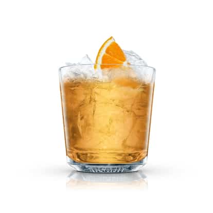 Tahiti Club in an Absolut rocks glass over crushed ice with an orange wedge on white background