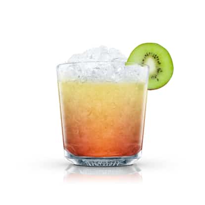 The Kiwi served in an Absolut rocks glass with crushed ice and a kiwi slice on white background.