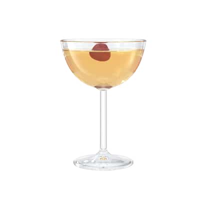 Three Stripes served in a coupe glass with a cherry garnish on white background