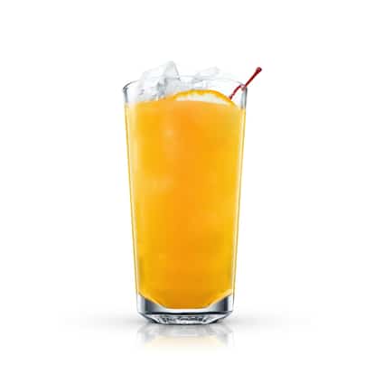 Tropical Itch in a highball glass with ice, orange slice and cherry on white background