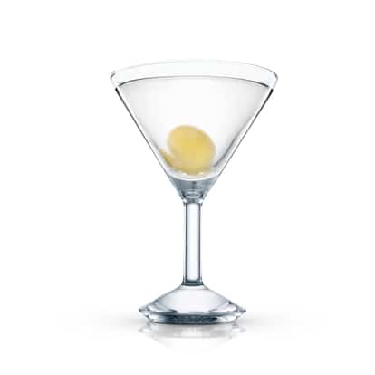 Upper Crust in a martini glass with a single olive at the base on white background