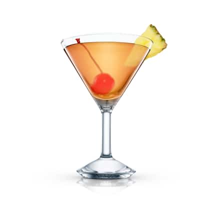 Venetian Beauty served in a martini glass with a maraschino cherry on a pick and a pineapple wedge on the rim