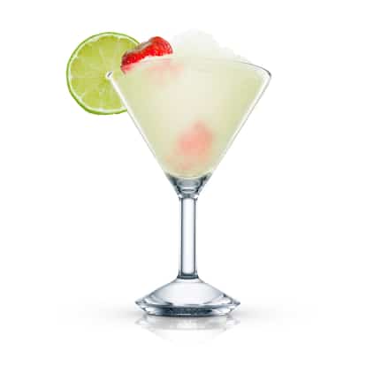 Virgin Strawberry Daiquiri frozen in a martini glass with lime wheel and strawberry garnish