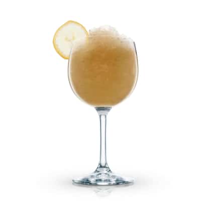 Virgin’s Answer in a wine glass with crushed ice and a lemon wheel on white background
