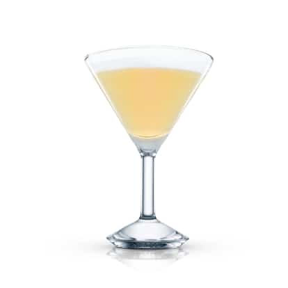 Visitor in a martini glass with a foamy layer on white background