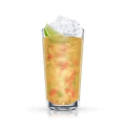 Von Matern Cooler served in a highball glass with crushed ice and a lime wedge on white background