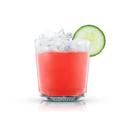 Watermelon Cucumber Punch in an Absolut rocks glass with crushed ice and a cucumber slice on white background