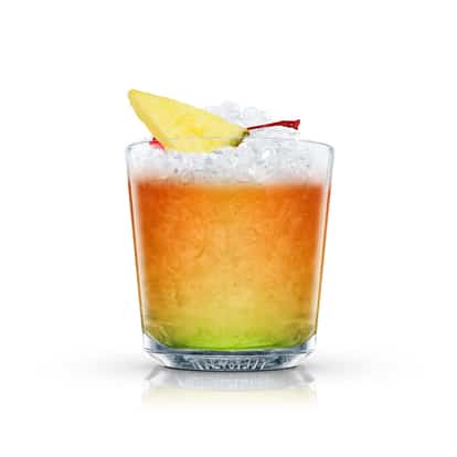 Whisky Fix in an Absolut rocks glass with crushed ice and a pear wedge and maraschino cherry