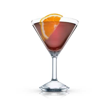 Whispers-of-the-frost in a martini glass garnished with an orange slice on white background