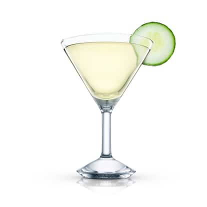 Zakuski Martini in a martini glass with a cucumber slice on white background