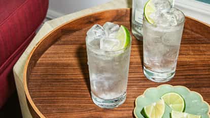 Zwei Wodka-Tonic-Cocktails mit Eiswürfeln und Limetten auf einem Holztablett neben einem kleinen Teller mit Limettenscheiben.