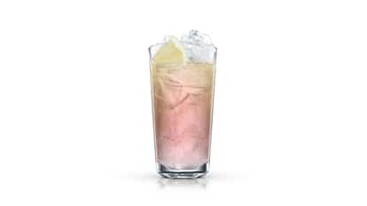 Bloodhound in a highball glass with ice and a lemon wedge on white background