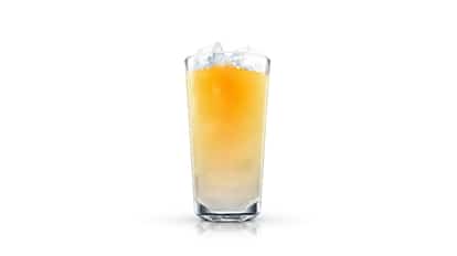 Boston Gold in a highball glass with ice on white background.