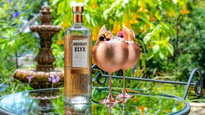 Casino Royale in two goblets garnished with pansies and grapefruit beside Absolut Elyx bottle on glass table