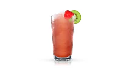 Cognac Coulis in a highball glass with crushed ice and a strawberry and a kiwi slice on white background