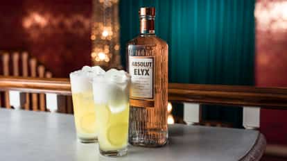Copper Fizz in two highball glasses with lemon wheels and large ice beside an Absolut Elyx bottle on a bar