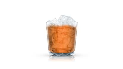 Emmas Campari in an Absolut rocks glass with crushed ice on white background