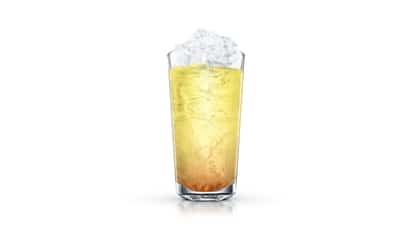 Flish Flash in a highball glass with crushed ice and a visible lower layer on white background