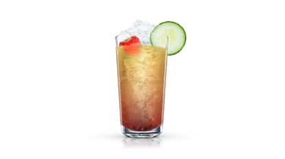 Fruit Cup in a highball glass with crushed ice, cucumber wheel and strawberry