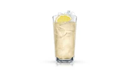 Ginger-lemonade Highball in a highball glass with crushed ice and a lemon wedge on white background